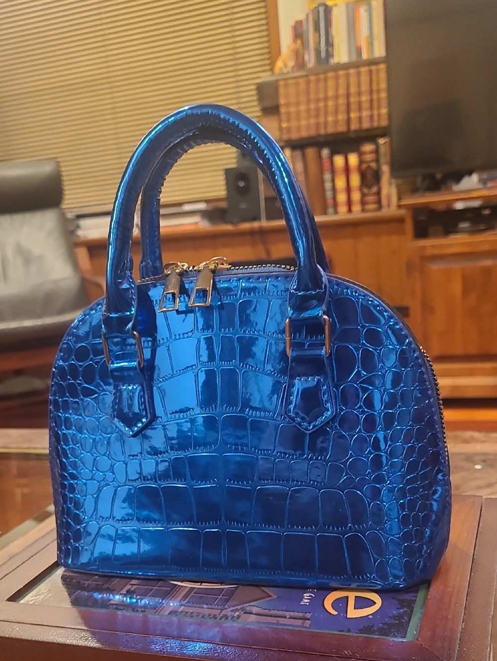 Blue Croc-Embossed Patent Dome Satchel - Women Bags